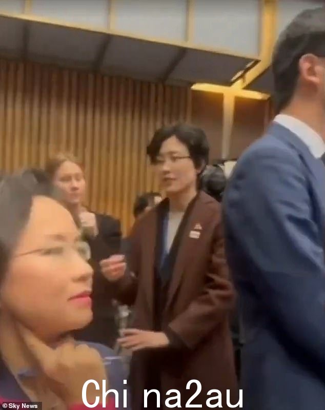 可以看到成蕾(左)和一名中国官员站在附近试图挡住她的视线