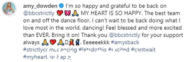 宣布这一消息后,艾米在 Instagram 上说道:“我很高兴也很感激能回到@bbcstrictly,我的心非常高兴。”舞池内外的最佳团队'