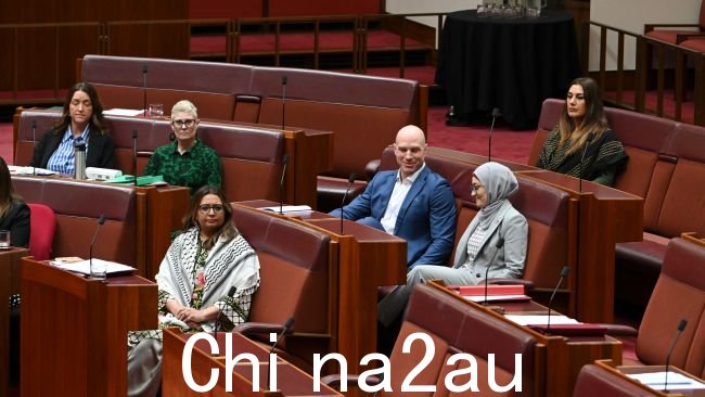 佩曼参议员穿过地板,站在绿党、参议员大卫·波科克和参议员莉迪亚·索普一边。图片:NewsWire/Martin Ollman