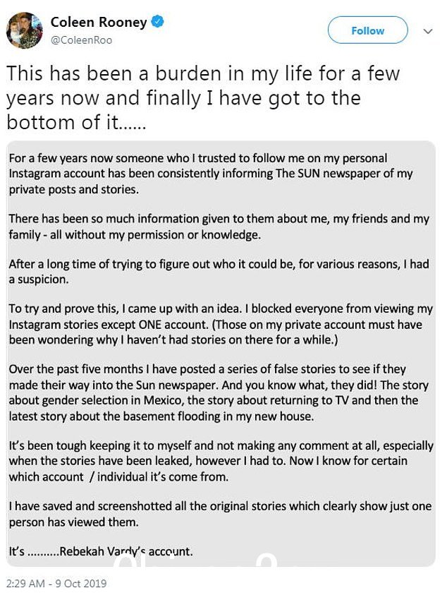 该帖子指责丽贝卡的社交媒体帐户泄露故事。该帖子引发了一场价值 300 万英镑的法律诉讼,科琳在法官认为该帖子“基本属实”,因此不构成诽谤后获胜,并赢得了诉讼” class=