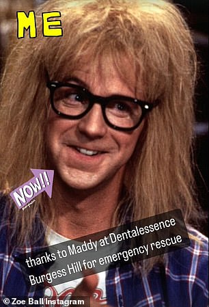 在紧急预约后,她分享了一张韦恩世界角色 Garth Algar 的照片,她在感谢牙科手术时露齿而笑