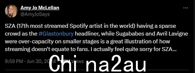 再次在 Twitter 上,粉丝们写道:“SZA 绝对应该在 Glasto 与 Sugababes 交换。今年的舞台和设定时间确实很奇怪”