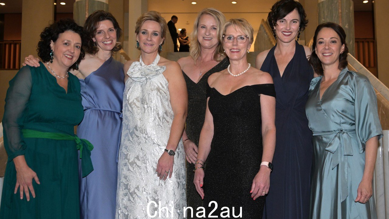 Allegra Spender、Zali Steggall、Kylea Tink、Zoe Daniel 的青色浪潮处于完整状态,凯特·钱尼 (Kate Chaney) 和索菲·斯坎普 (Sophie Scamps) 在舞会上惊艳亮相 图片:Tracey Nearmy/Getty Images