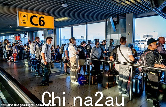 2022 年 6 月荷兰阿姆斯特丹史基浦机场的乘客排队