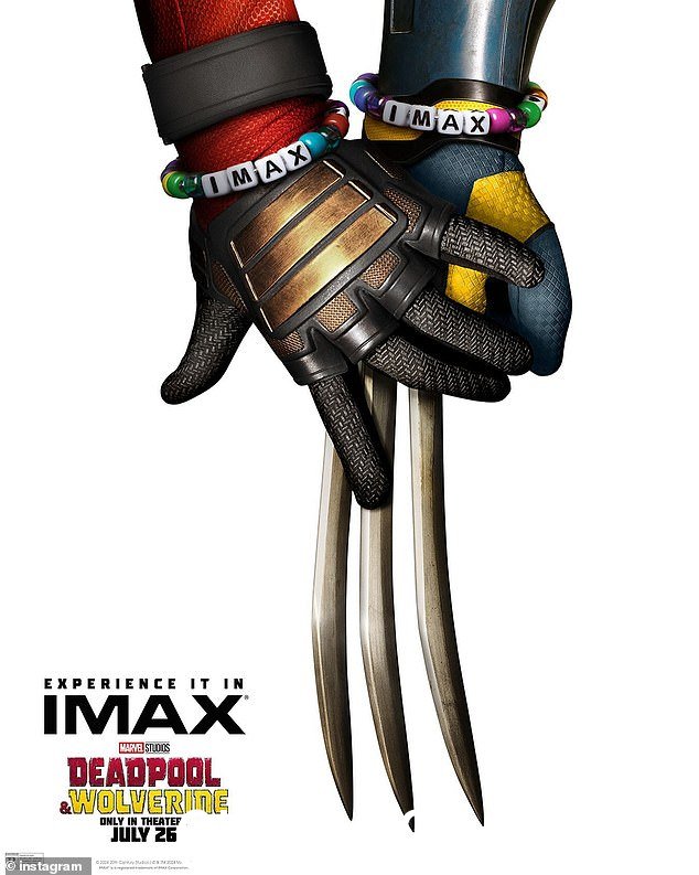 不久之后,IMAX 官方 Instagram 上传了一张电影宣传海报,海报上展示了死侍和金刚狼摇晃着 Eras Tour 风格的友谊手链