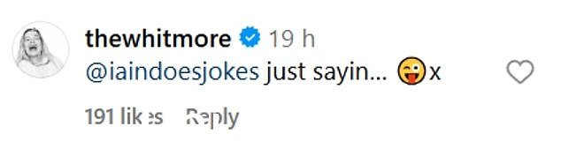 同时 Laura Whitmore 标记了她的丈夫 Iain Stirling,她开玩笑说:'@iaindoesjokes just sayin¿ x'