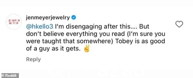Meyer 据称在一系列 Instagram 帖子中为她的前夫辩护,这些帖子随后发布到 Reddit