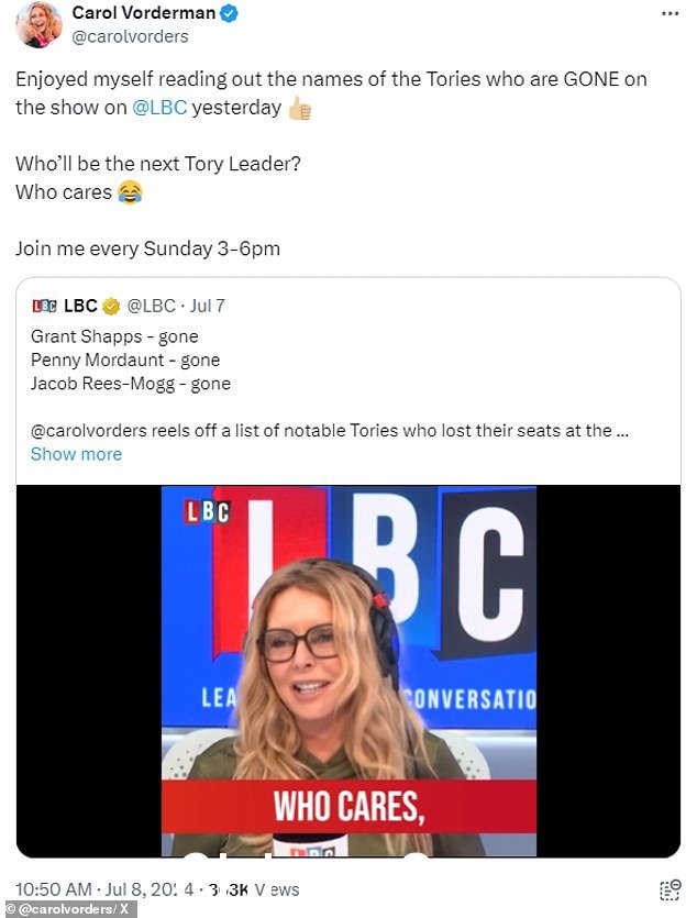 Vorderman 讲述了她如何享受读出在大选中失去席位的保守党的名字