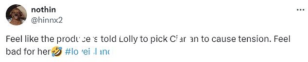 观众很快就在 X(以前称为 Twitter)上说“制片人告诉 Lolly 选择 Ciaran 和 Joey 来制造紧张气氛” class=