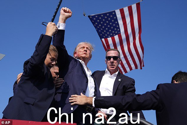 唐纳德·特朗普在竞选集会上被枪击后,挑衅地对着空气挥拳
