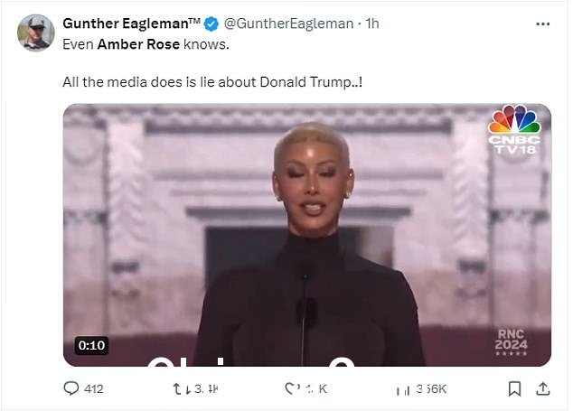 冈瑟·伊格曼 (Gunther Eagleman) 发推文:连 Amber Rose 都知道,媒体所做的一切都是关于唐纳德·特朗普的谎言……!'