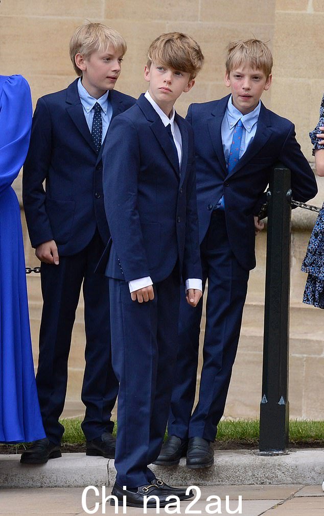 卡米拉的孙辈 Freddy Parker Bowles(前)、Gus Lopes 和 Louis Lopes(后)