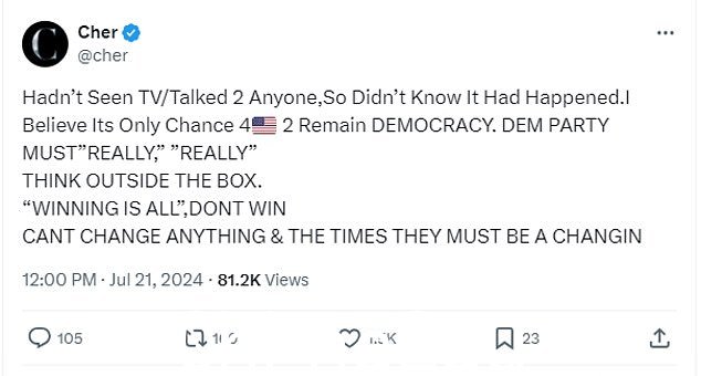 Cher,78 岁,表达了她对周日事件的看法以及她对民主党应如何应对选举延伸阶段的看法