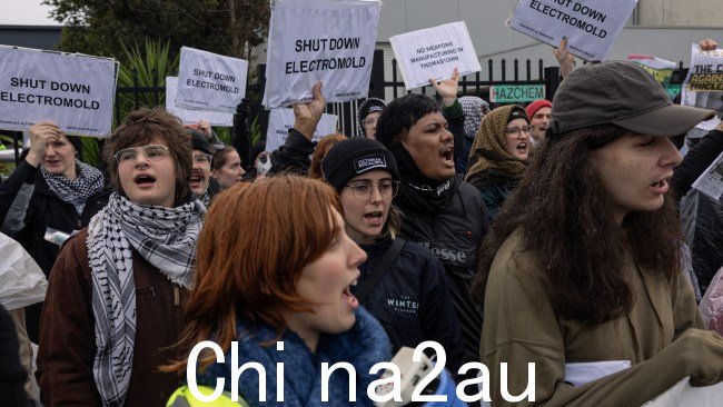 亲巴勒斯坦支持者于 7 月在 Electromold Australia 外抗议2024 年 12 月 12 日。(迭戈·费德勒 / 盖蒂图片社摄)