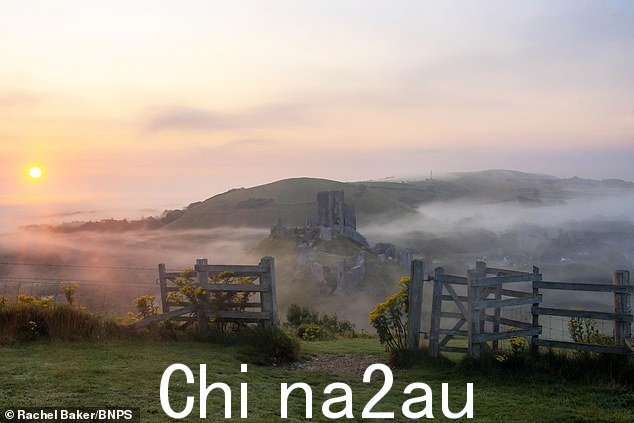 图:太阳从多塞特郡波贝克岛的科夫城堡废墟上升起