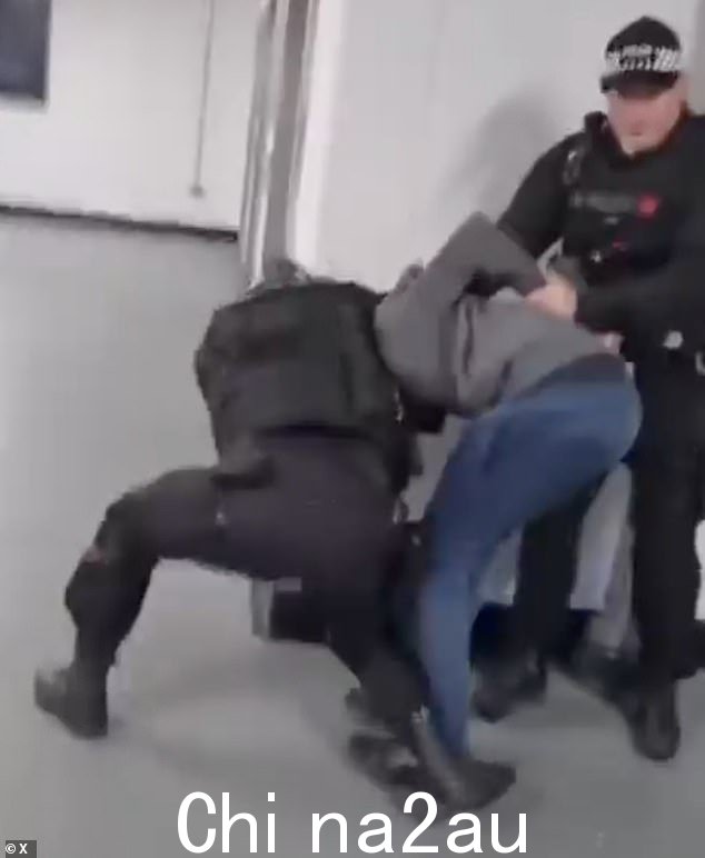 随后一名同事加入了这名警官的行列,他抓住了视频中一名男子的头锁