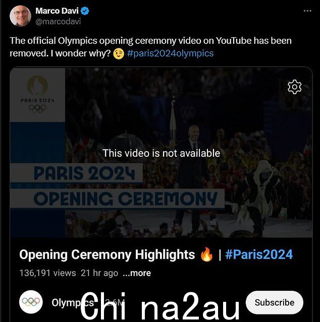在线用户发布了 2024 年巴黎开幕式官方完整视频的快照,在 Youtube 上显示不可用