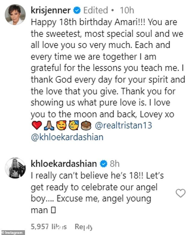 Khloe 跳到评论部分回复她母亲的帖子并输入,“我真的不敢相信他已经 18 岁了!!让我们准备好庆祝我们的天使男孩。对不起。” ,天使年轻人'