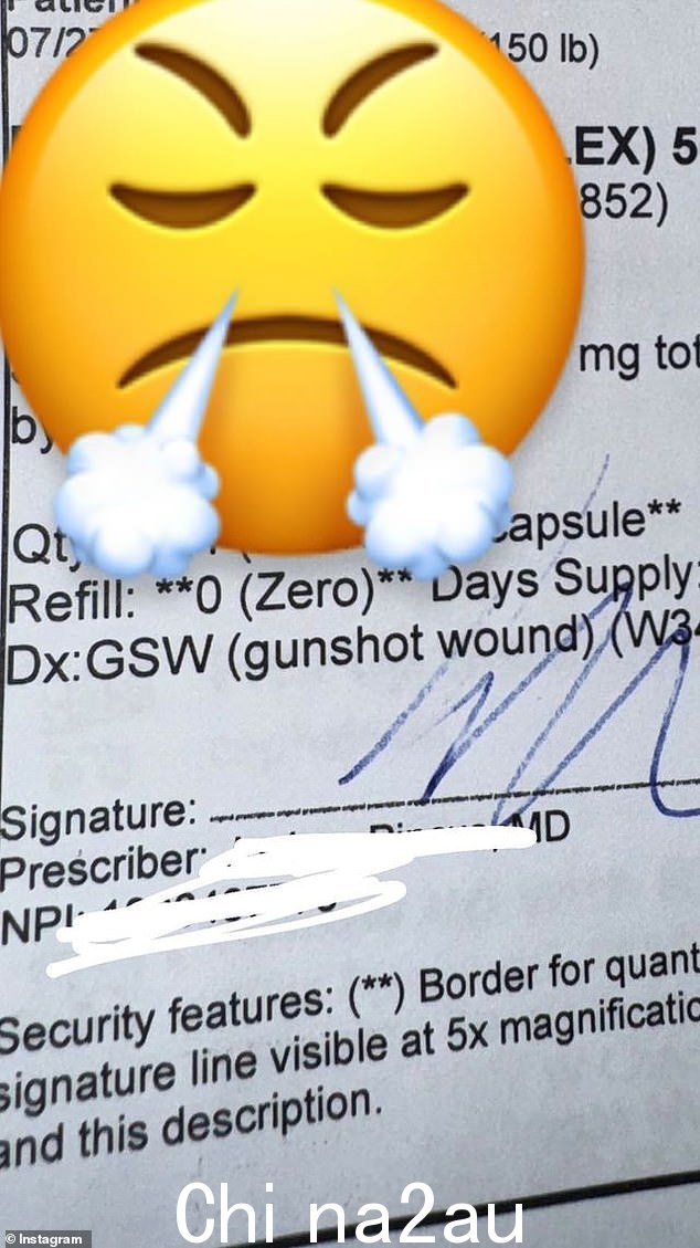 她还分享了一张处方标签的快照,显示她的诊断结果是枪伤,并在她的帖子上放置了一个愤怒的表情符号