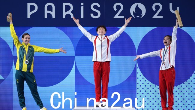 Maddi Keeney、Chen。伊文和张雅妮庆祝在 2024 年巴黎奥运会上登上领奖台。图片:Adam Pretty/Getty Images