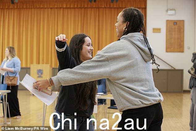 Ciara Wilson(左)和 Leah Horan 今天在贝尔法斯特高中收到 A-level 成绩后