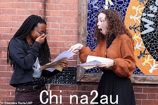 Kherri French(左)和 Yasmin Hanachova(右)今天早上在东伦敦沃尔瑟姆森林的诺灵顿学校和六年级收到 A-level 成绩时一起做出反应