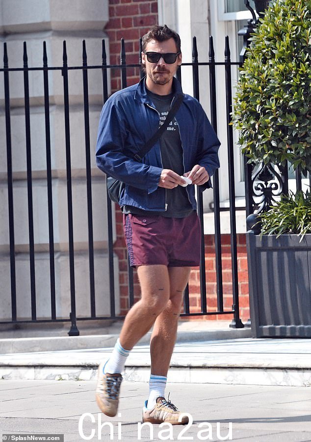 Harry 用灰色标语 T 恤、海军蓝夹克和太阳镜完成了他的造型