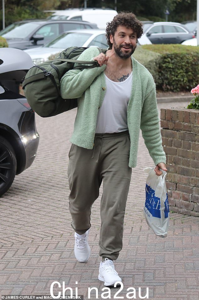 加冕街明星 Shayne Ward,34 岁,经过一天的排练后抵达酒店,心情很好