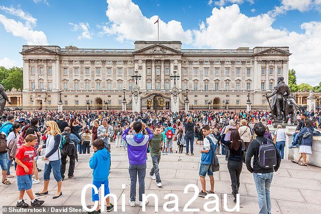 前往英国的澳大利亚游客 - 包括儿童,每人必须支付 20 美元才能获得电子旅行授权(白金汉宫外游客的库存图片)