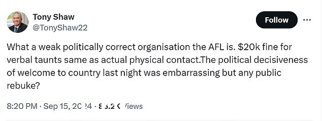Shaw 抨击 AFL 在周五晚上对阿德莱德港教练肯·辛克利 (Ken Hinkley) 进行口头攻击后罚款 20,000 美元,但没有采取任何措施来抨击欢迎来到这个国家