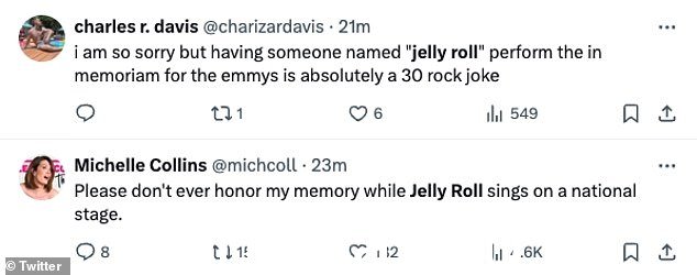 '我很抱歉，但让一个名叫“jelly roll”的人为艾美奖表演悼念绝对是一个 30 摇滚笑话，'有人写道“class=