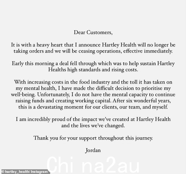 业主乔丹·哈特利 (Jordan Hartley) 是一位在米其林星级餐厅拥有丰富经验的厨师,她谈到了她的心理健康压力,导致她经营了六年的生意“毁灭性”地结束了” class=