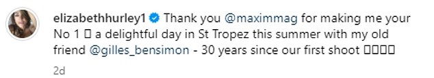她为快照添加了标题:“谢谢 @maximmag 让我成为你的第一名,今年夏天我和我的老朋友 @gilles_bensimon 在圣特罗佩度过了愉快的一天——距离我们第一次见面已有 30 年了shot'