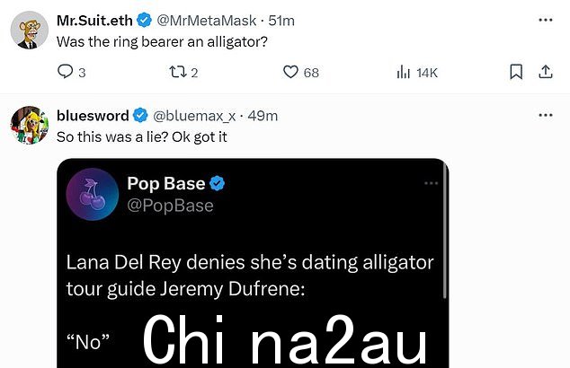 @MrMetaMask 问道:“戒指持有者是鳄鱼吗?”而 @bluesword 指责这位歌手在 Instagram 上发表评论说谎,该评论似乎表明他们没有约会