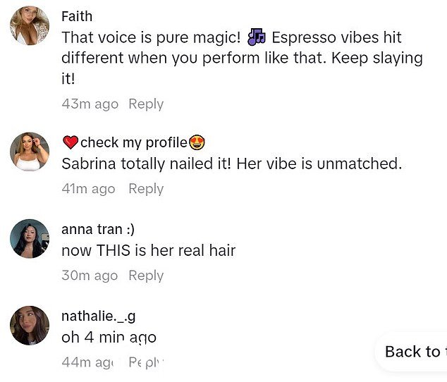 “An另一位粉丝朱莉说:“萨布丽娜完全成功了!”她的气质是无与伦比的,”而