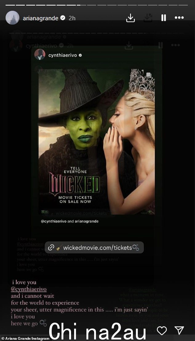 Ariana 自豪地展示了新海报并滔滔不绝地说:“我爱你@cynthiaerivo,我迫不及待地想让世界体验你在这方面的纯粹、彻底的辉煌......我”我只是说说而已。我爱你,我们开始吧!'