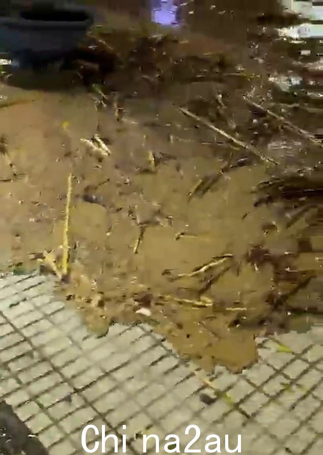 几秒钟之内,道路就被棕色的水和碎片淹没