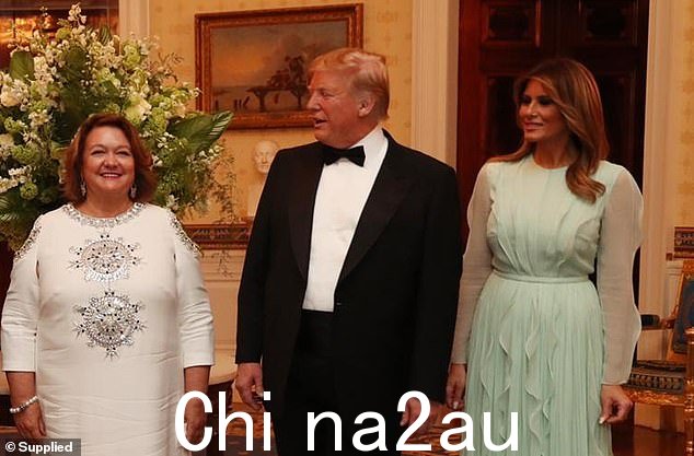 吉娜·莱因哈特 (Gina Rinehart) 正在美国支持唐纳德·特朗普 (Donald Trump) 竞选白宫,预计今晚将参加他的竞选派对。2019 年合影