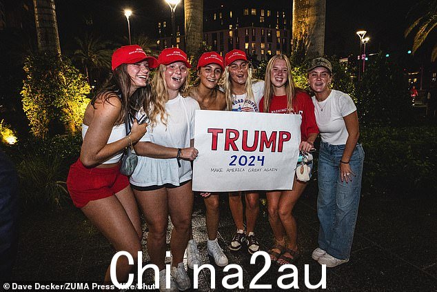 一阵轻松的情绪席卷了人群。 (特朗普支持者在棕榈滩会议中心外集会,等待 2024 年总统选举的最终结果)。