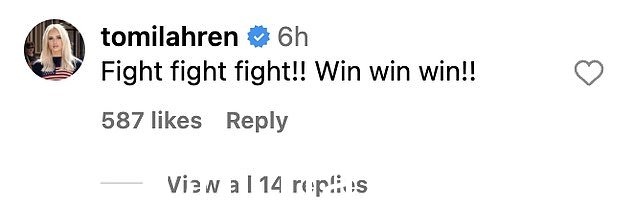 保守派政治评论员托米·拉伦(Tomi Lahren)在杰克逊的帖子下写下了评论:“斗斗斗!!赢赢赢!!” class=