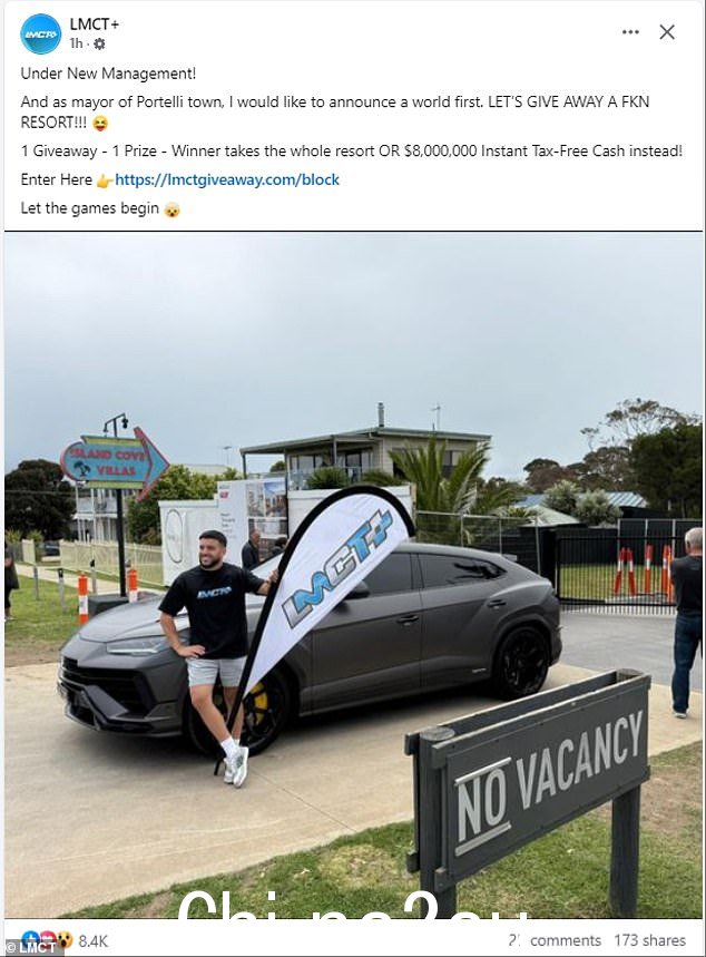 这是在波特利在拍卖日购买了所有五位参赛者的房屋后透露了他对“布洛克岛”的震惊计划(图:波特利的企业 Facebook 帖子)