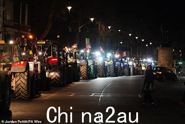 农民开车缓慢穿过伦敦市中心,参加三月份的粮食安全抗议活动