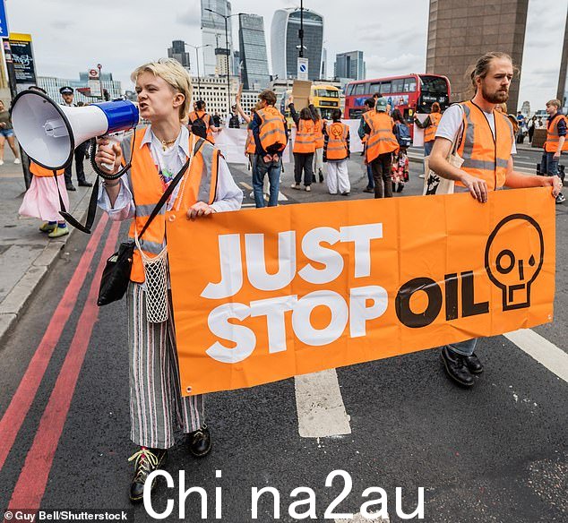 Just Stop 石油正在鞭打一系列嘲笑其众多抗议行为的物品如图:2023 年 6 月伦敦桥抗议活动中的 Just Stop Oil 活动人士