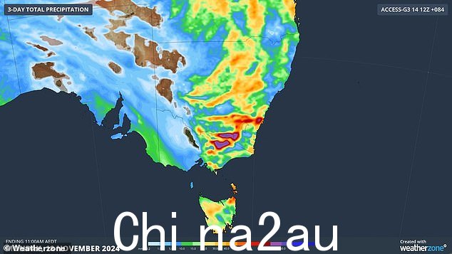 如图所示,预计周末至周一这些地区的降雨量将超过 100 毫米