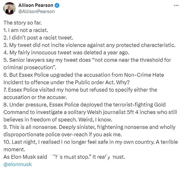艾莉森·皮尔森 (Allison Pearson) 拍摄发给“X”(以前称为 Twitter),通过说“我不是种族主义者”和“我没有发布种族主义推文”来为自己辩护。