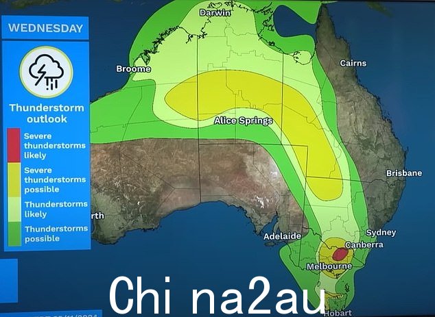 严重的雷暴将带来破坏性的大风、大冰雹和强降雨,并给该国部分地区带来洪水的风险(如图,预计全澳大利亚有风暴)
