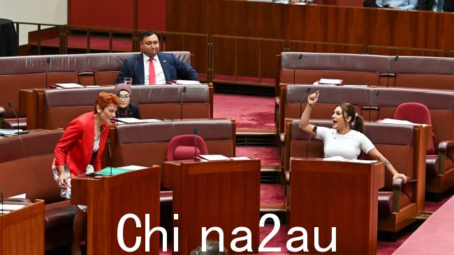 One Nation领导人宝琳·汉森对莉迪亚·索普提出了几项严重指控,包括声称她被这位有争议的参议员“穿衬衫”。图片:NewsWire / Martin Ollman