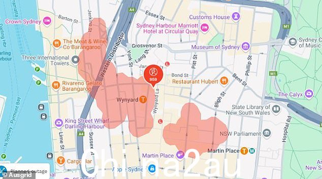 AusGrid 已确认周四 Barangaroo、Wynyard 和 Martin Place 超过 950 名客户断电(图为受影响地区的地图)