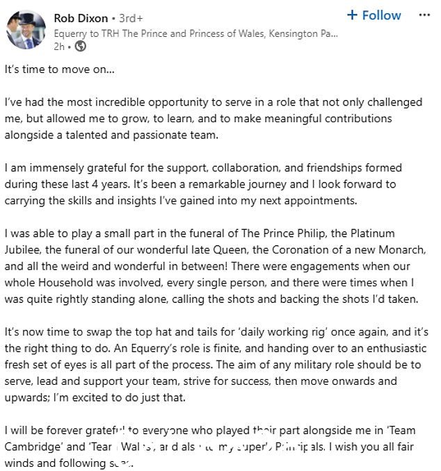 今天早上,当他准备辞去侍从职务时,在他的 LinkedIn 帐户上分享了一篇感人的帖子,这位军官感谢王子的‘难以置信的机会'