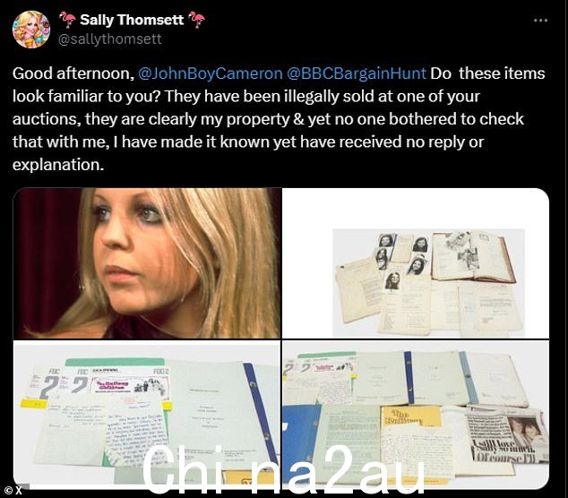 在 X(原 Twitter)上的一篇帖子中,Sally 声称她的物品在未经她许可的情况下被非法出售